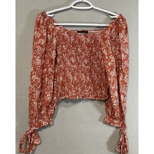 Cynthia Rowley Cropped Top Size Large Shirred Floral Long Sleeve Cowgirl Prairie